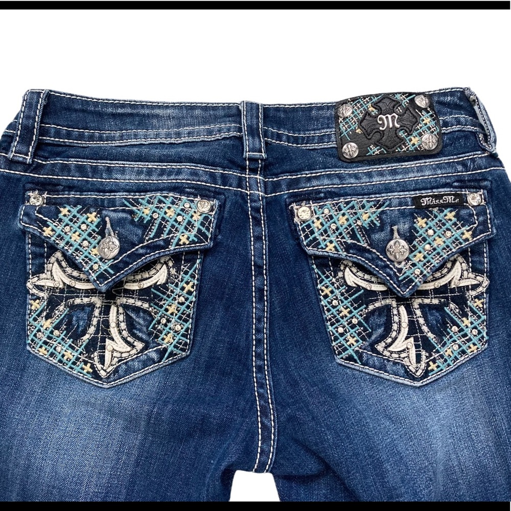 Miss Me Dark Blue Denim Jeans with Turquoise & White Embroidered Back Pockets